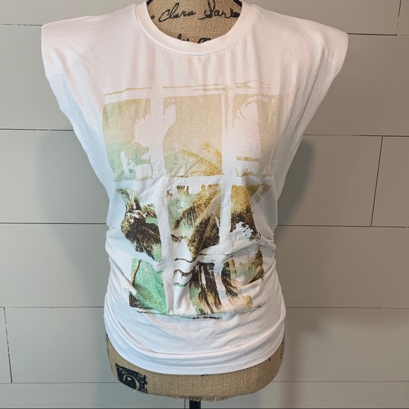 AFRM Palm Tree Post Card Graphic Ruched T Shirt XS - Picture 1 of 6